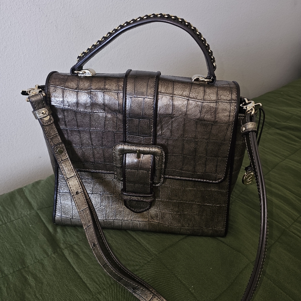 Brahmin Ingrid Bronze Templo Embossed Leather Buckle Satchel Crossbody Bag